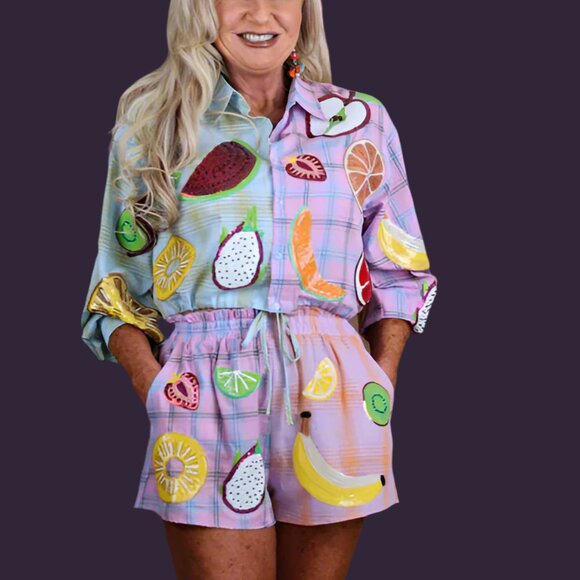 NWT Queen of Sparkles Colorblock Plaid Fruit Button Up Collar Long Sleeve Top - Picture 1 of 6